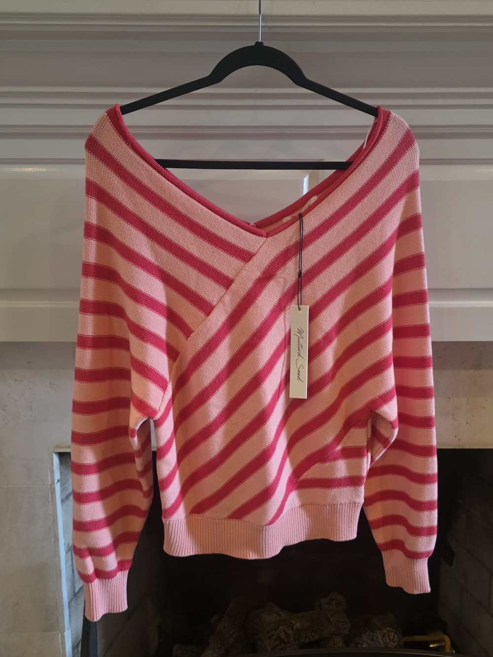 Mustard Seed Pink and Fuchsia Striped Off-Shoulder Sweater